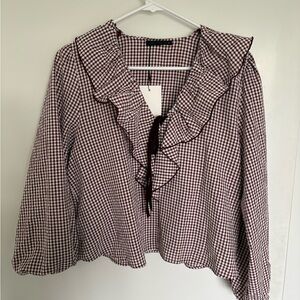 Zara Burgundy and White Gingham Ruffle Tie-Front Blouse